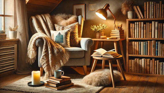 Photo of a book nook with bookshelves and a comfy chair with a lamp