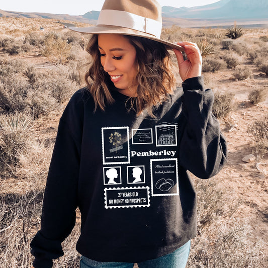 Pride and Prejudice Stamp Collection Black Sweatshirt | Jane Austen | Starlit Prose bookish merch