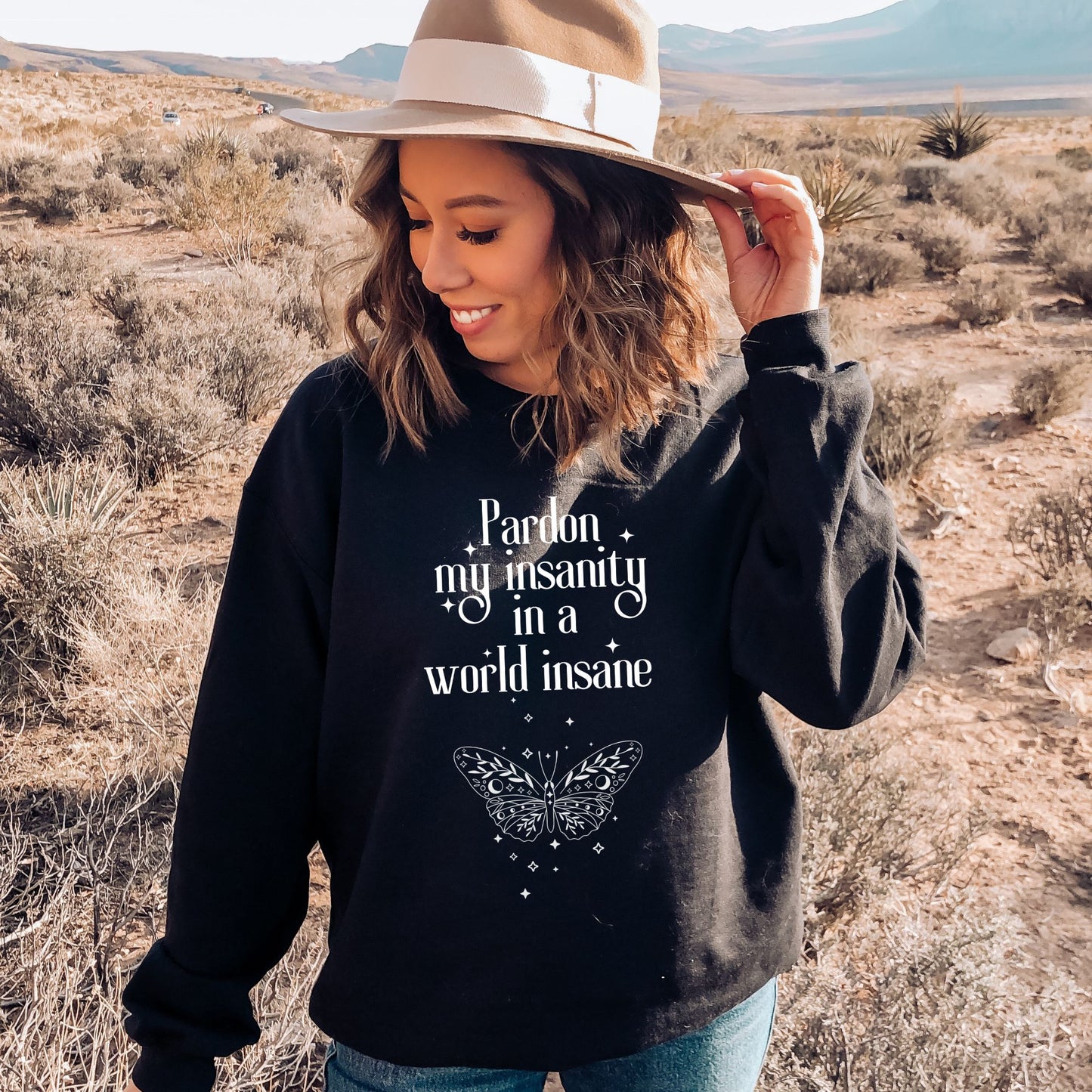 Pardon my insanity quote Black Sweatshirt | Emily Dickinson Poetry | Starlit Prose bookish merch