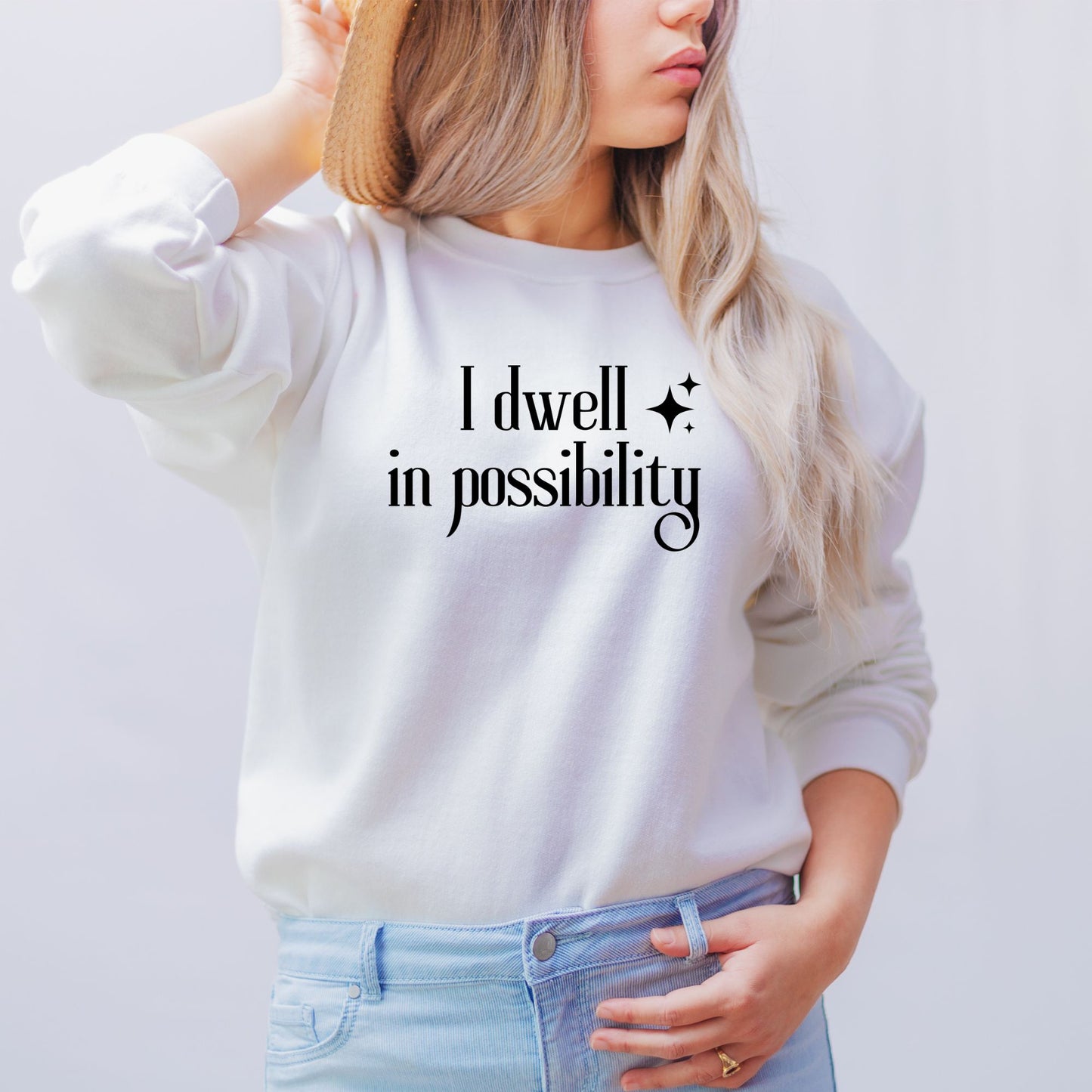I dwell in possibility White Sweatshirt | Emily Dickinson Poetry | Starlit Prose bookish merch