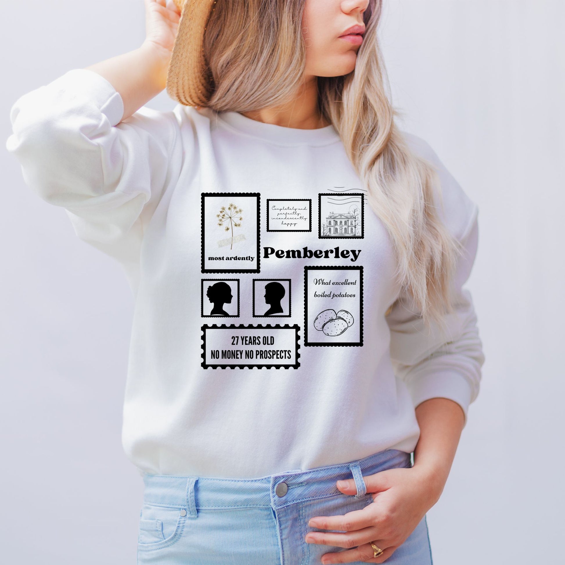 Pride and Prejudice Stamp Collection White Sweatshirt | Jane Austen | Starlit Prose bookish merch