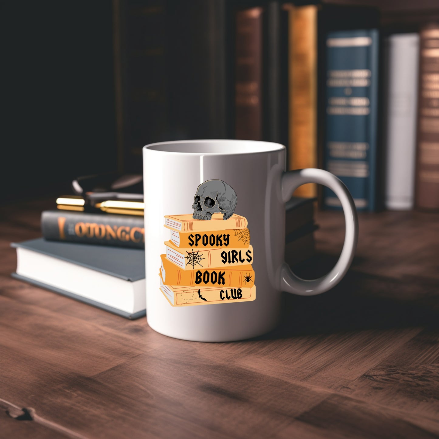 Spooky Girls Book Club Mug mockup with boks| Bookish Halloween | Ink & Stories