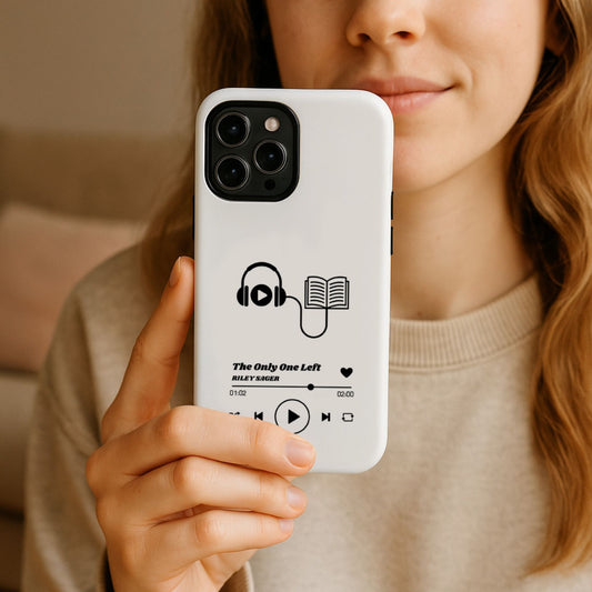 Mockup of a woman holding the Custom Audiobook Tough Phone Case | Starlit Prose Bookish Merch | Personalised Gift for Readers