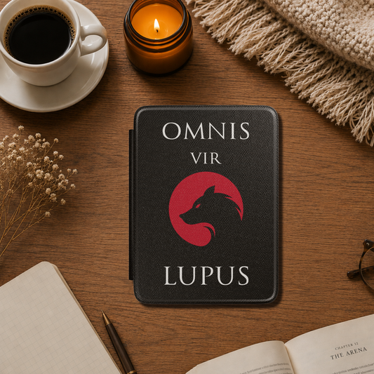 Black textured Red Rising Kindle case, featuring bold white text that says "Omnis vir Lupus" and a silhouette of a wolf within a red Moon circle. Designed by Starlit Prose Bookish merch Australia.