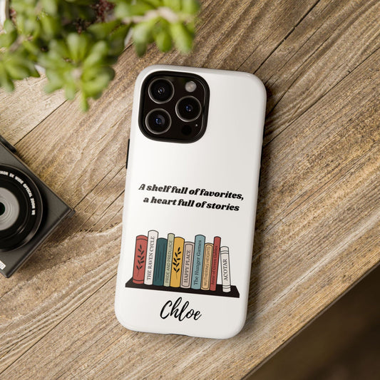 Mockup of the Custom Bookshelf Tough Phone Case on a wooden background  Personalised Gift for Readers | Starlit Prose bookish merch
