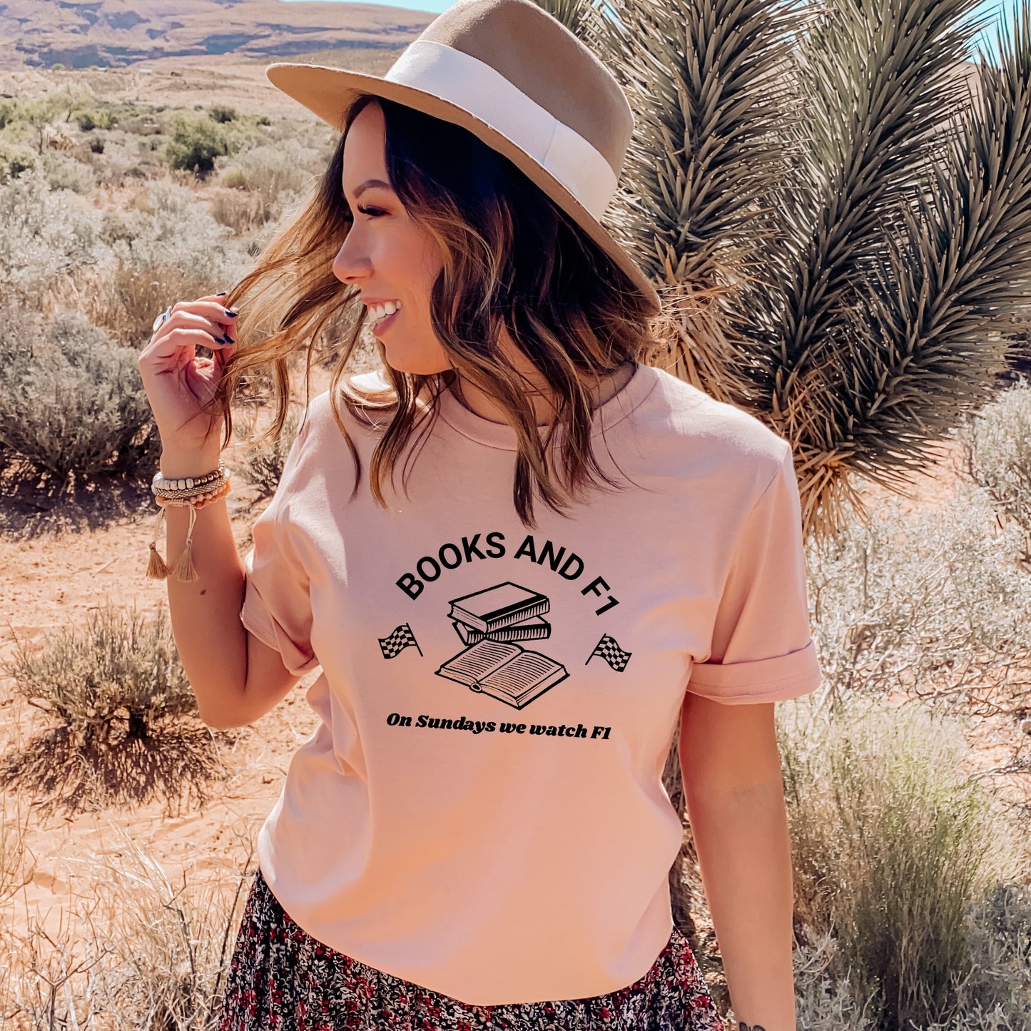 Model wearing a Heather Peach Books and F1 Bookish T-Shirt | Gift for Bookworm | Starlit Prose bookish merch
