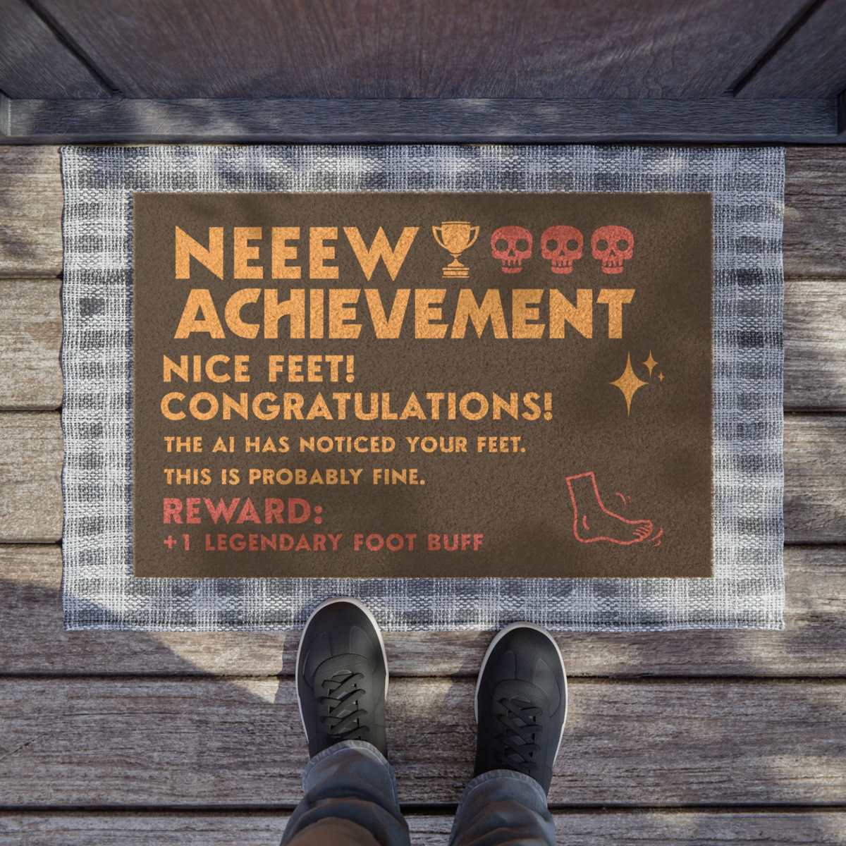 Black Coir Door Mat, Dungeon Crawler Carl, text says "New Achievement Nice Feet! Congratulations, the AI has noticed your feet, this is probably fine. Reward +1 legendary foot buff. Includes illustration of foot, stars & skulls. Designed by Starlit Prose Bookish Merch Australia.