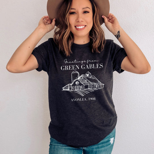 Anne of Green Gables Farmhouse Dark Grey Heather T-Shirt | L.M MONTGOMERY | Starlit Prose bookish merch