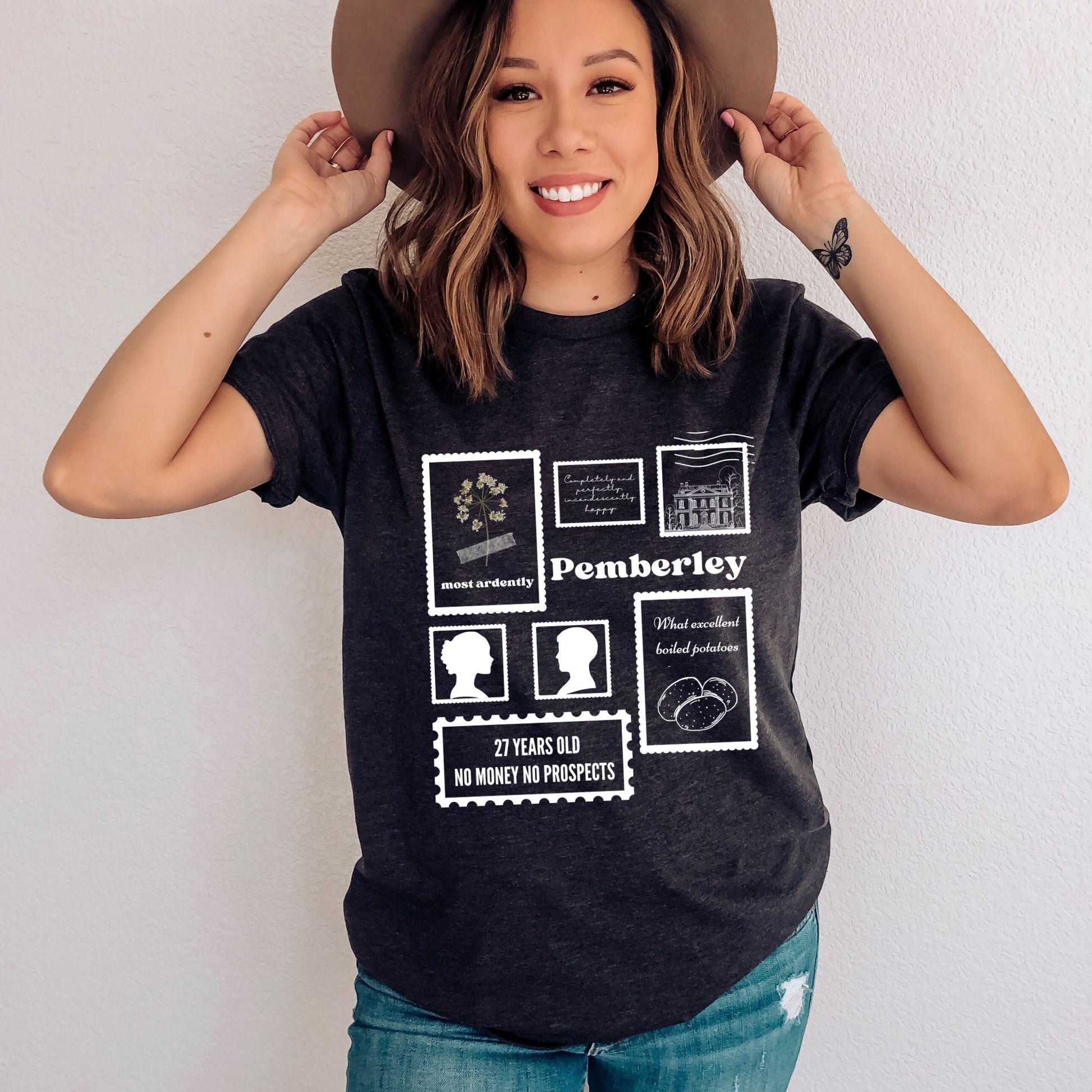 Pride and Prejudice Stamp Collection Dark Grey Heather T-Shirt | Jane Austen | Starlit Prose bookish merch