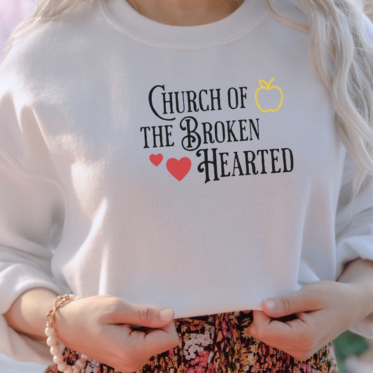 The Church of the Broken Hearted White Sweatshirt | Once upon a Broken Heart merch | Ink and Stories bookish Merch Australia