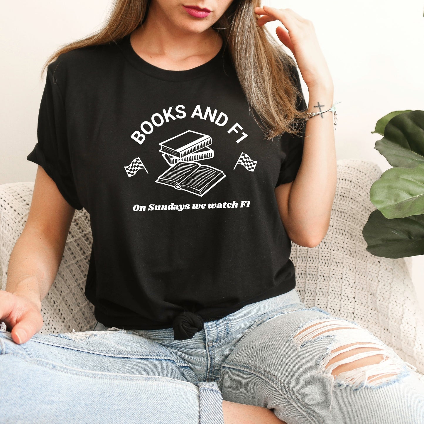 Model wearing a Black Books and F1 Bookish T-Shirt | Gift for Bookworm | Starlit Prose bookish merch