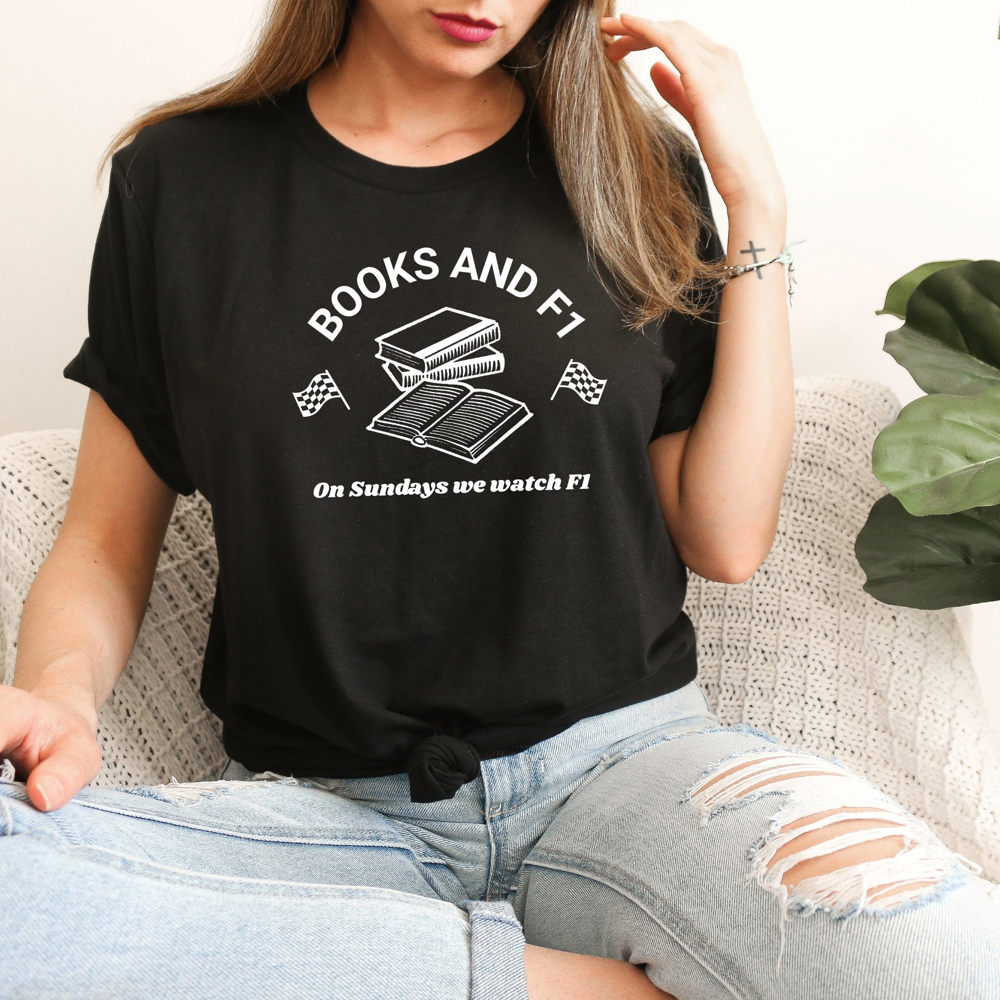 Model wearing a Black Books and F1 Bookish T-Shirt | Gift for Bookworm | Starlit Prose bookish merch
