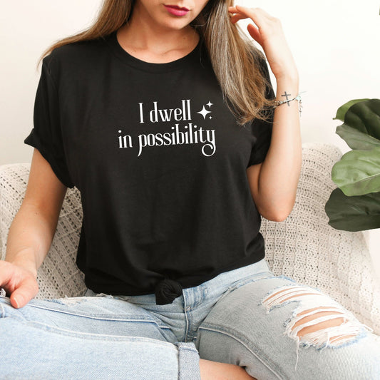I dwell in possibility Black T-Shirt | Emily Dickinson Poet | Starlit Prose bookish merchI dwell in possibility Black T-Shirt | Emily Dickinson Poetry | Starlit Prose bookish merch