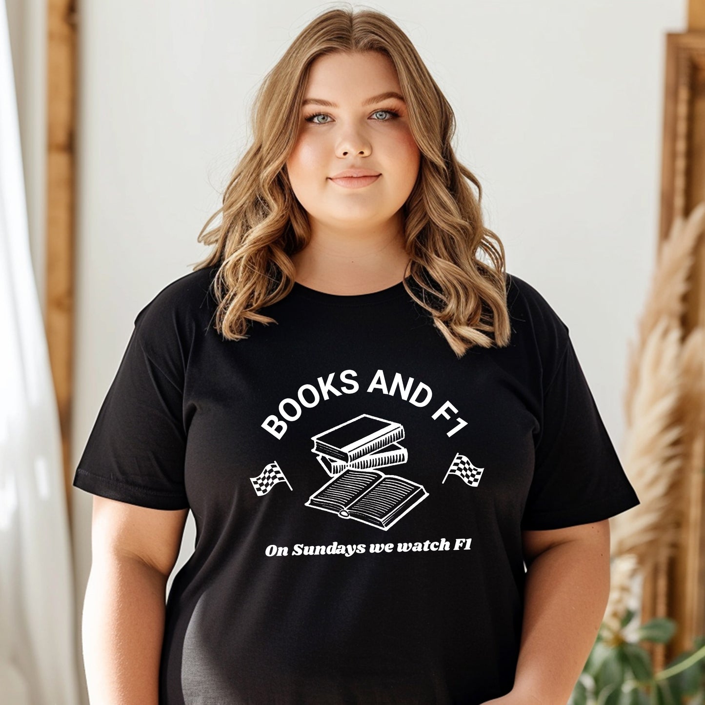 Model wearing a Black Books and F1 Bookish T-Shirt | Gift for Bookworm | Starlit Prose bookish merch