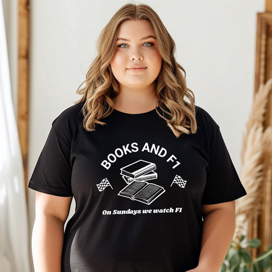 Model wearing a Black Books and F1 Bookish T-Shirt | Gift for Bookworm | Starlit Prose bookish merch