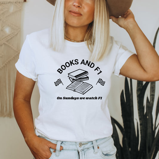 Model wearing a White Books and F1 Bookish T-Shirt | Gift for Bookworm | Starlit Prose bookish merch