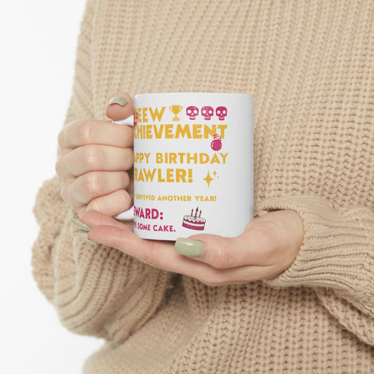 Person holding a White 12oz Dungeon Crawler Carl New Achievement Birthday Mug | Starlit Prose Bookish merch Australia