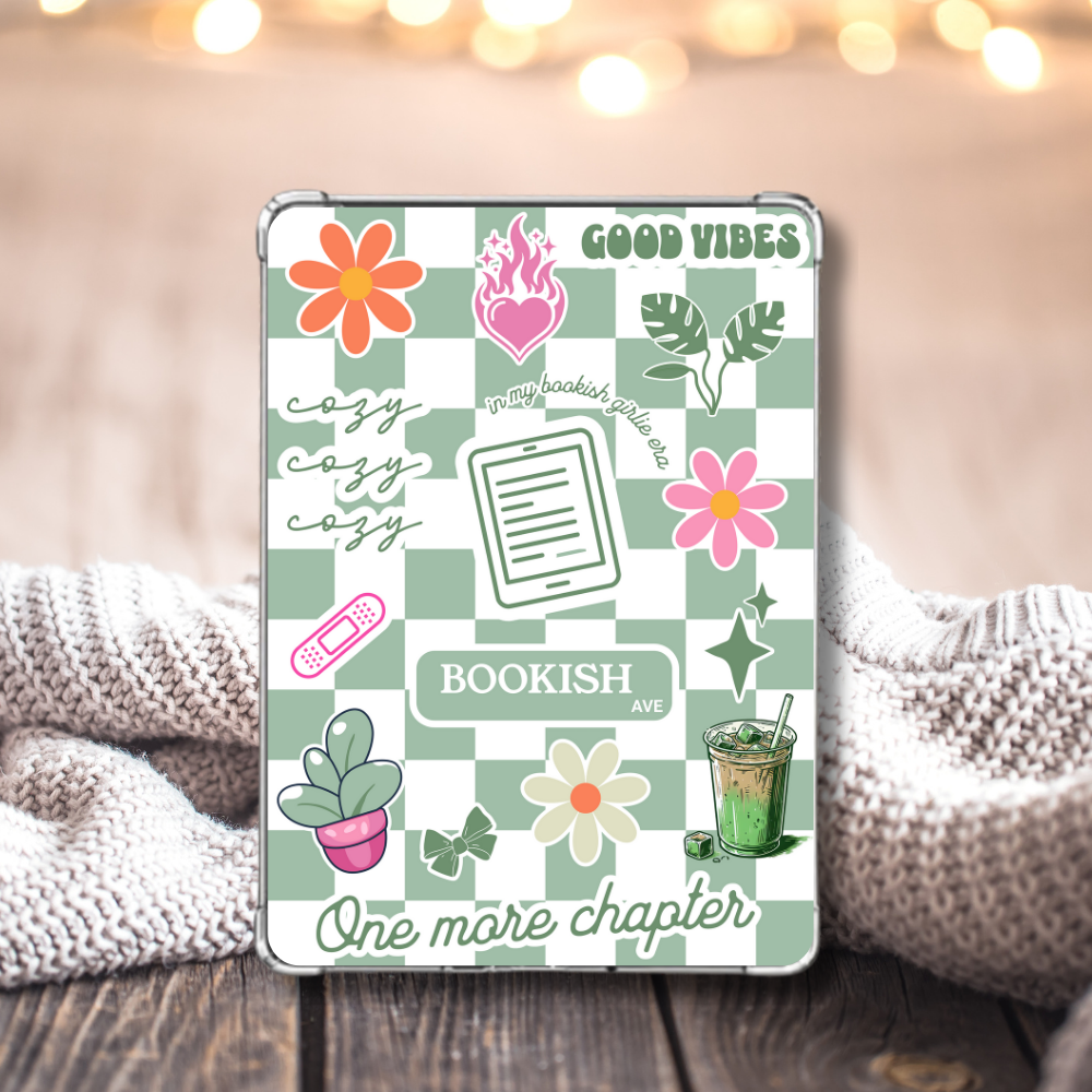 Cozy Matcha Green checkered Kindle Insert for Clear Case with a blanket