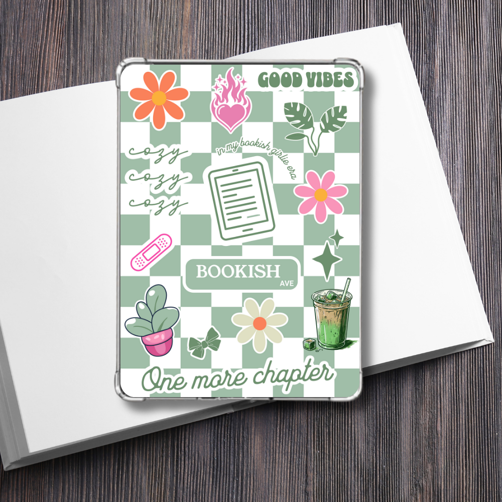 Cozy Matcha Green checkered Kindle Insert for Clear Case with a plain white book