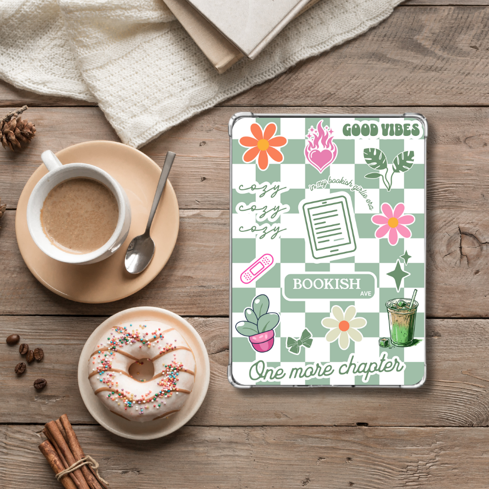 Cozy Matcha Green checkered Kindle Insert for Clear Case with coffee and a donut