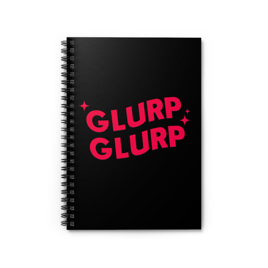 A black Dungeon Crawler Carl bookish spiral notebook, it has red text that says "Glurp Glurp" bold with some accent stars. Designed by Starl