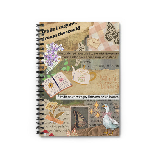 A whimsical cottagecore-inspired bookish notebook featuring a charming goose, junk journal designs with book lover quotes, a tea pot, open book, flowers and a dreamy, storybook feel. Designed by Starlit Prose Bookish Merch Australia.