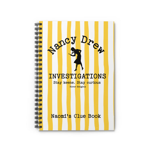 Bookish Notebook design features a cheerful yellow and white striped background with a Nancy Drew Investigations theme and a personalised section where you can add the recipient's name. It includes an icon of Nancy Drew with her magnifying glass. Designed by Starlit Prose Bookish Merch Australia.