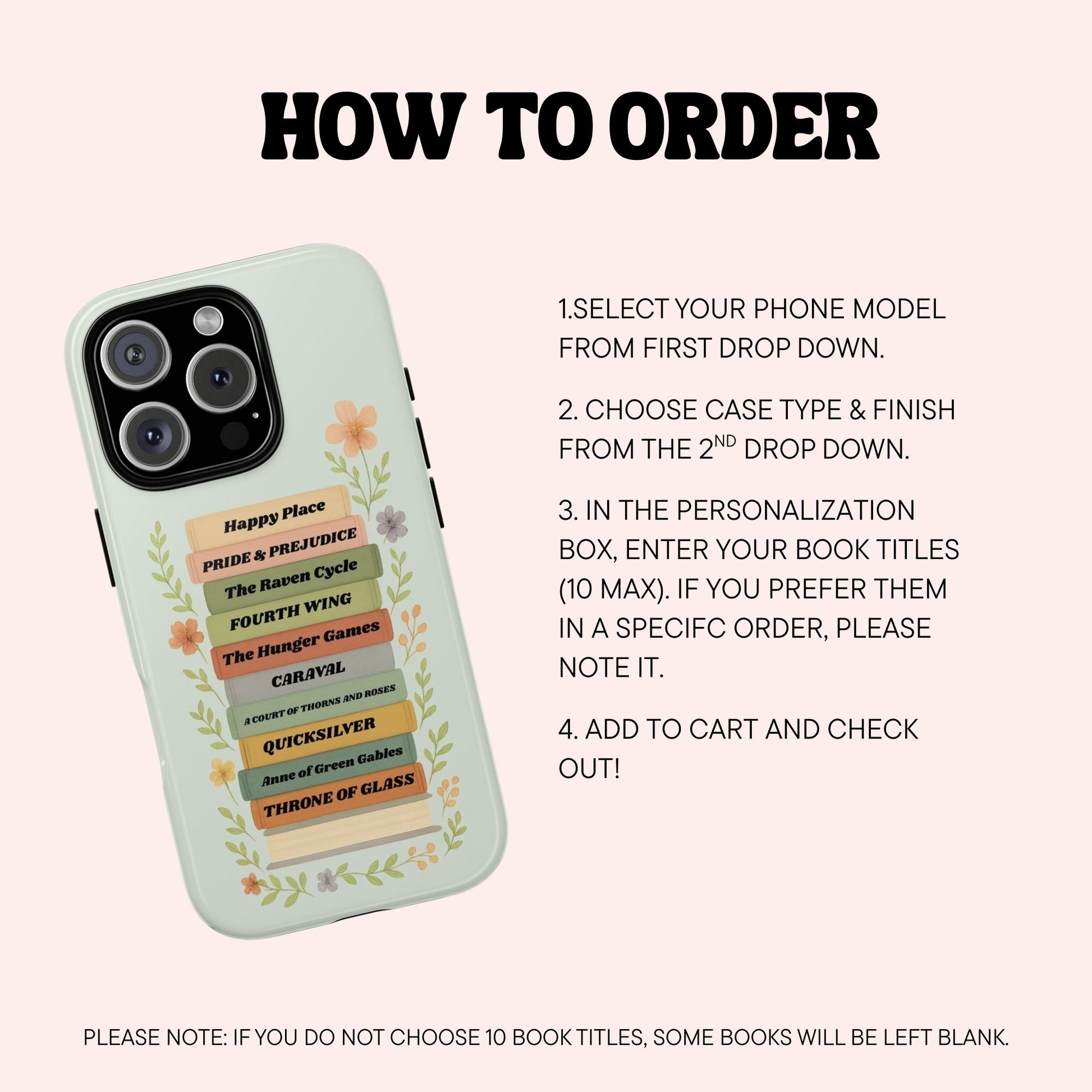 How to order information page for the Personalised Bookshelf tough phone case case | Starlit Prose bookish merch