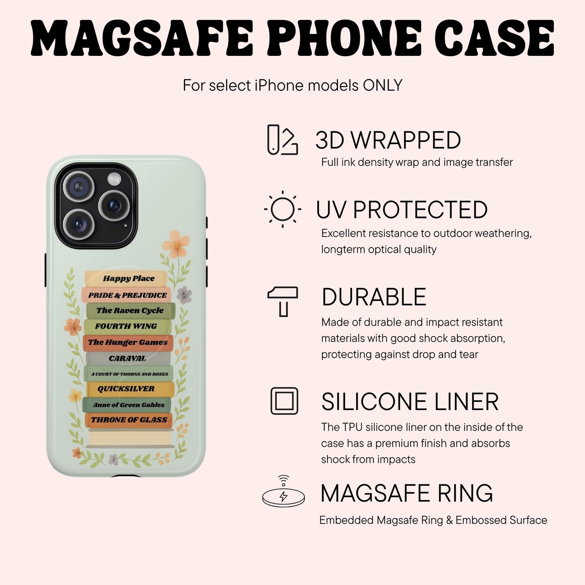 MagSafe Personalised Bookshelf tough phone case case with features outlined here | Starlit Prose bookish merch