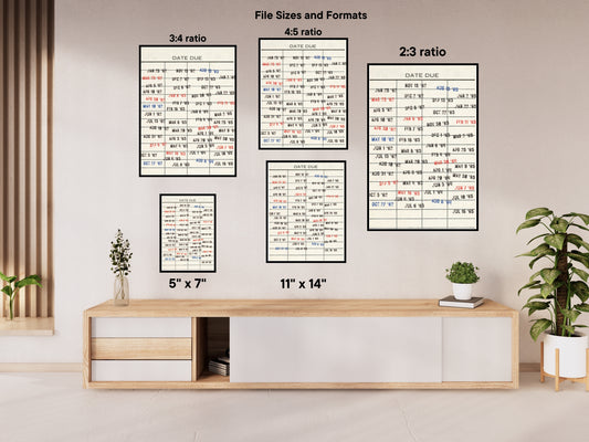 Mockup of the Vintage Library Card Digital print showing the different aspect ratios sizes