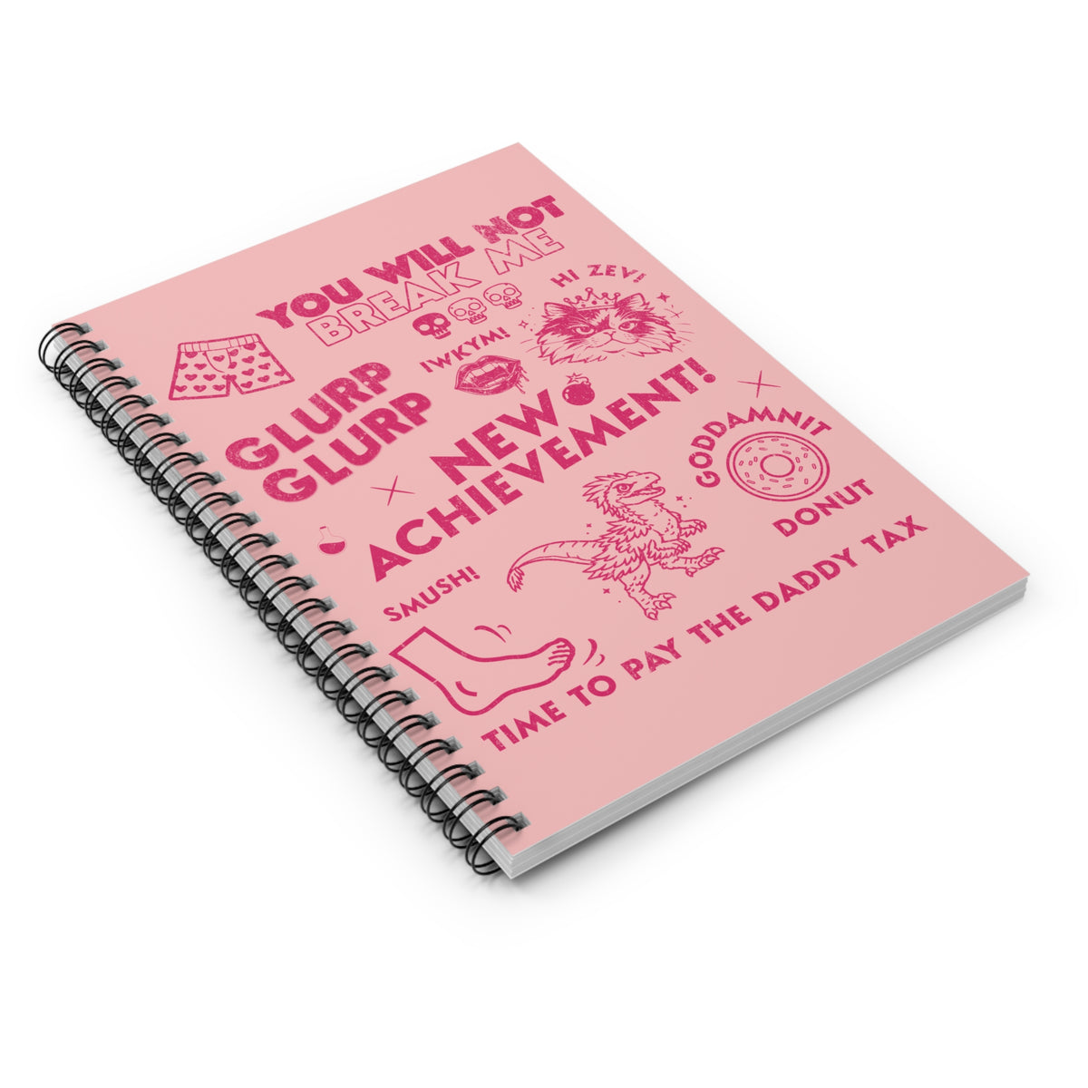 Dungeon Crawler Carl pink distressed collage style design, including quotes from the book series "You will not break me", Glurp Glurp, New Achievement, Goddamnit Donut and more. Designed by Starlit Prose Bookish Merch Australia.