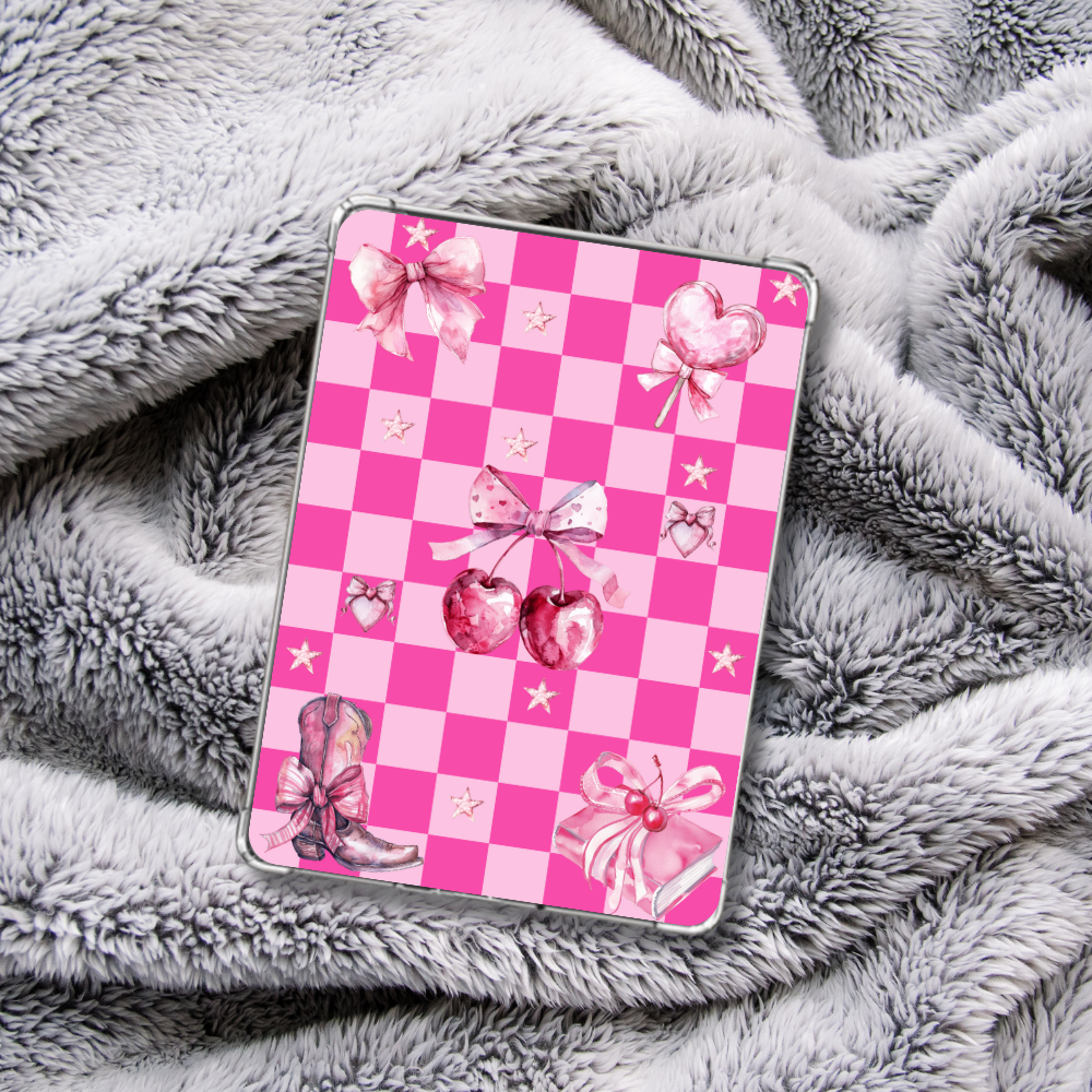 Pink Bookish Romance Coquette Theme checkered Kindle Insert for Clear Case on a grey blanket
