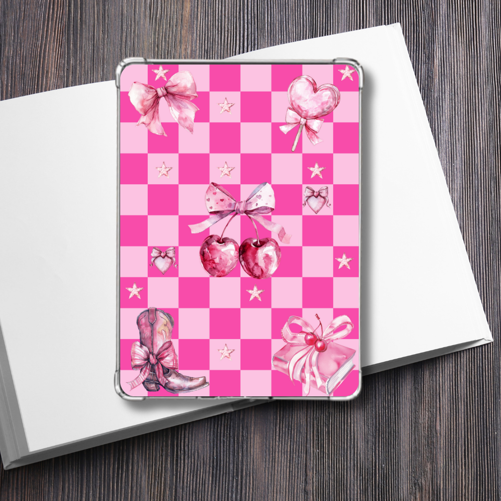 Pink_Bookish_Romance_Coquette_Theme_checkered_Kindle_Insert_for_Clear_Case_on_a plain white book