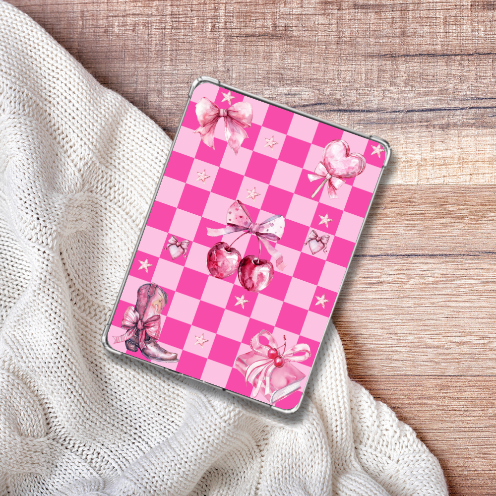 Pink_Bookish_Romance_Coquette_Theme_checkered_Kindle_Insert_for_Clear_Case_on_a white blanket