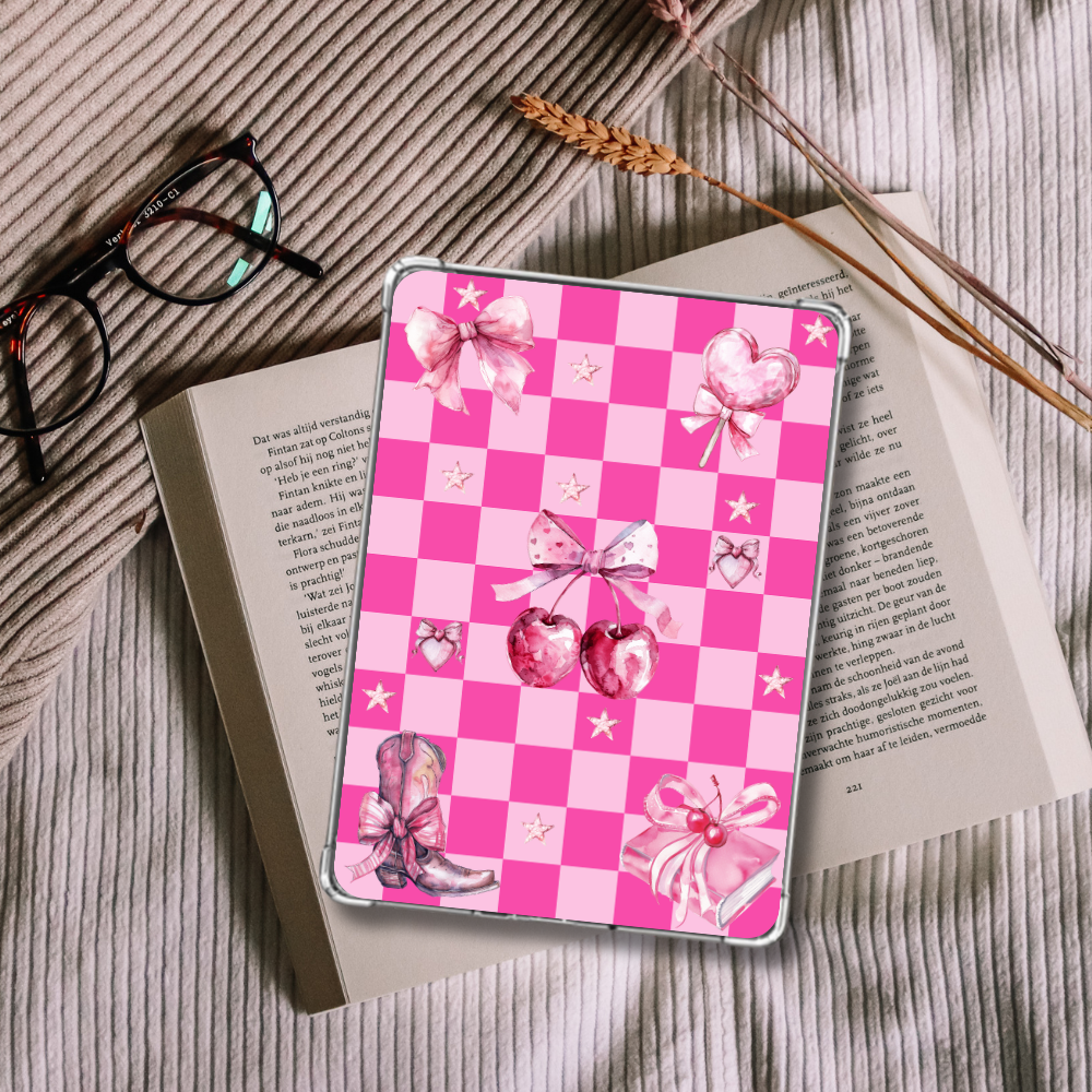 Pink Bookish Romance Coquette Theme checkered Kindle Insert for Clear Case on an open book with glasses