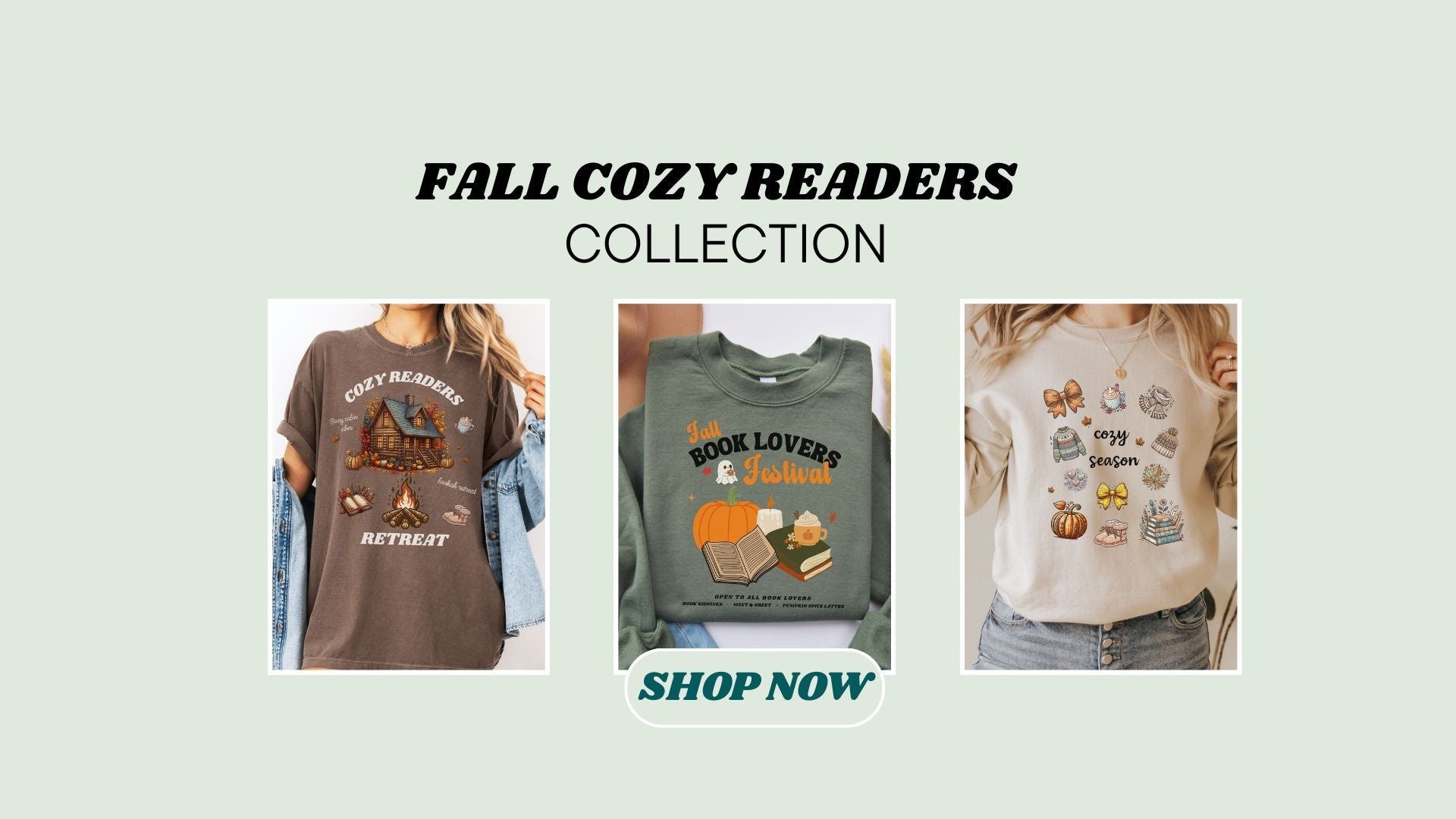 Promotional image for 'Fall Cozy Readers Collection' with three shirts featuring book-themed designs.