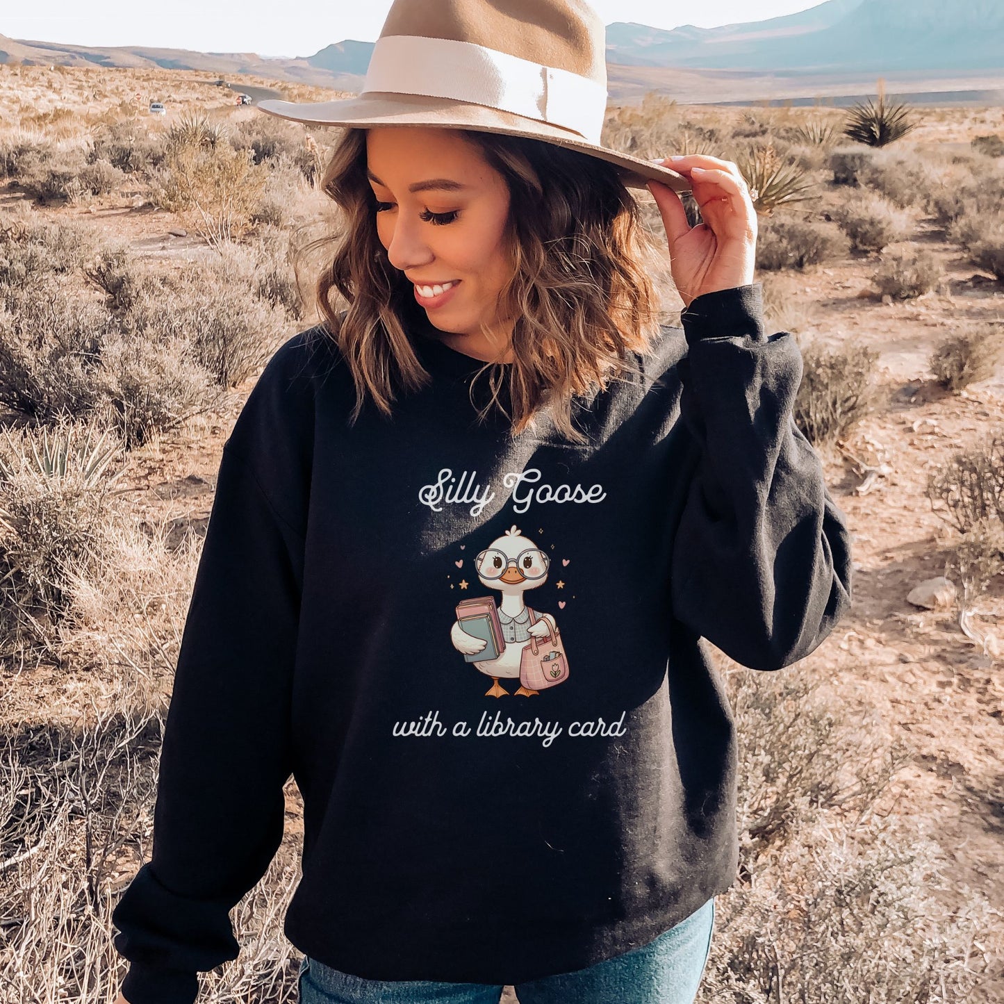 Silly Goose with a Library Card Black Sweatshirt | Starlit Prose Bookish Merch