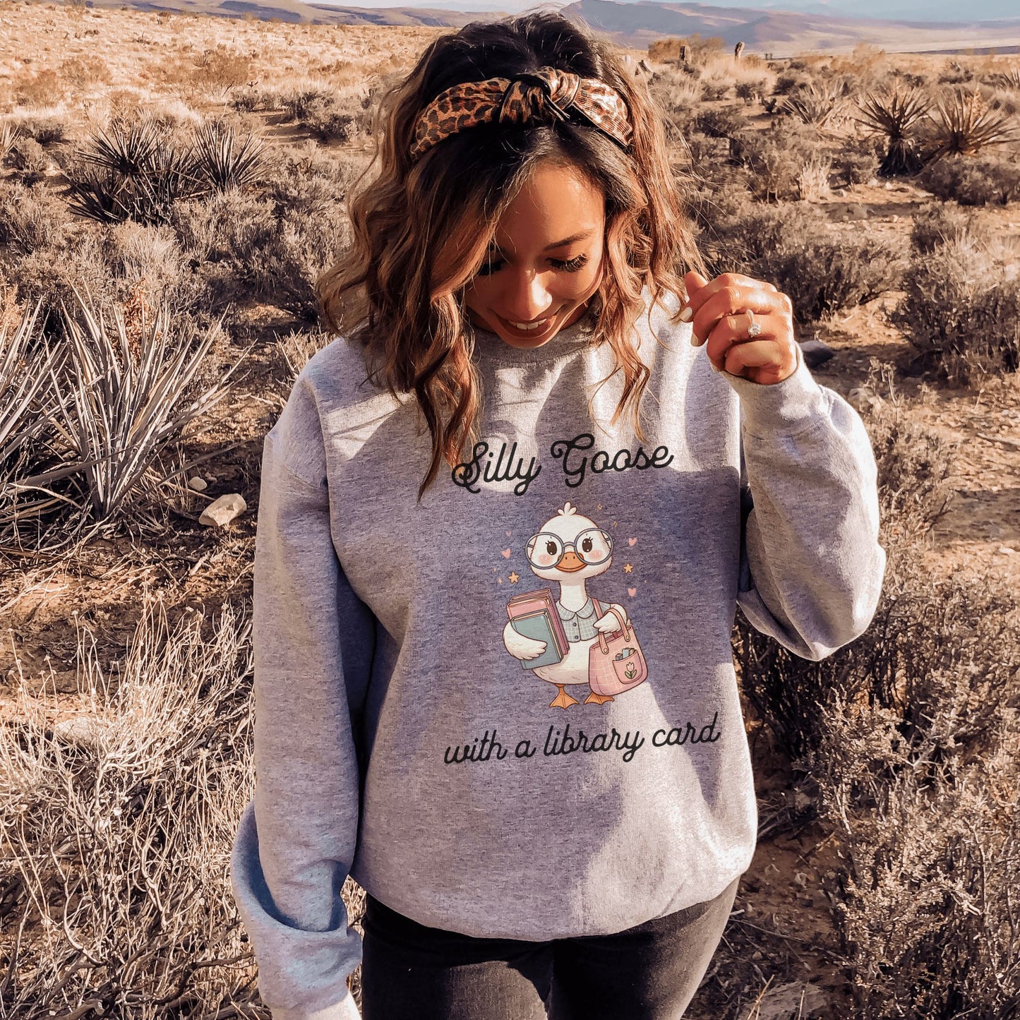 Silly Goose with a Library Card Grey Sweatshirt | Starlit Prose Bookish Merch