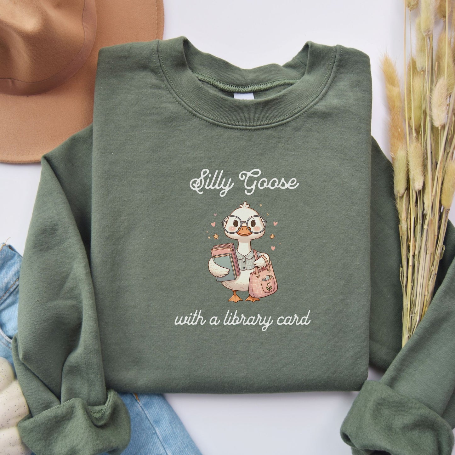 Silly Goose with a Library Card Military Green Sweatshirt | Starlit Prose Bookish Merch