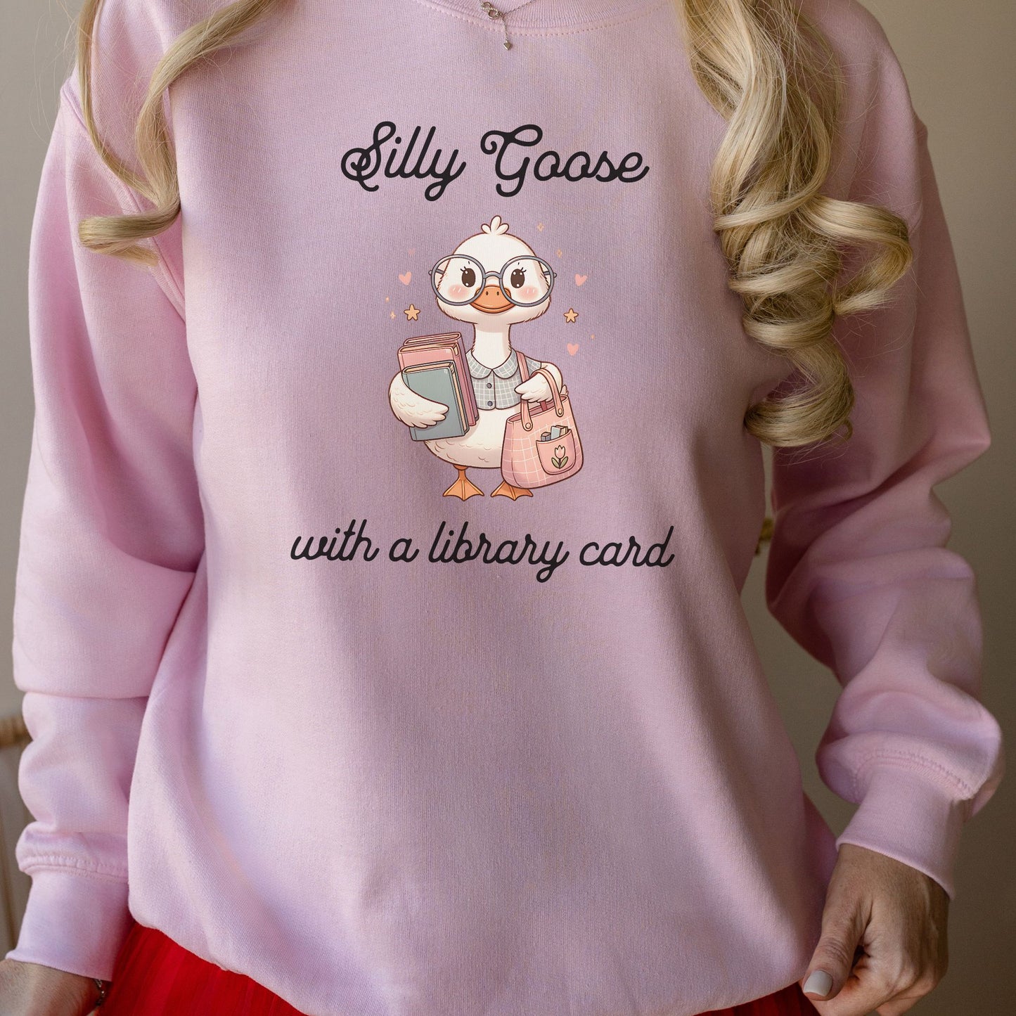 Silly Goose with a Library Card Pink Sweatshirt | Starlit Prose Bookish Merch