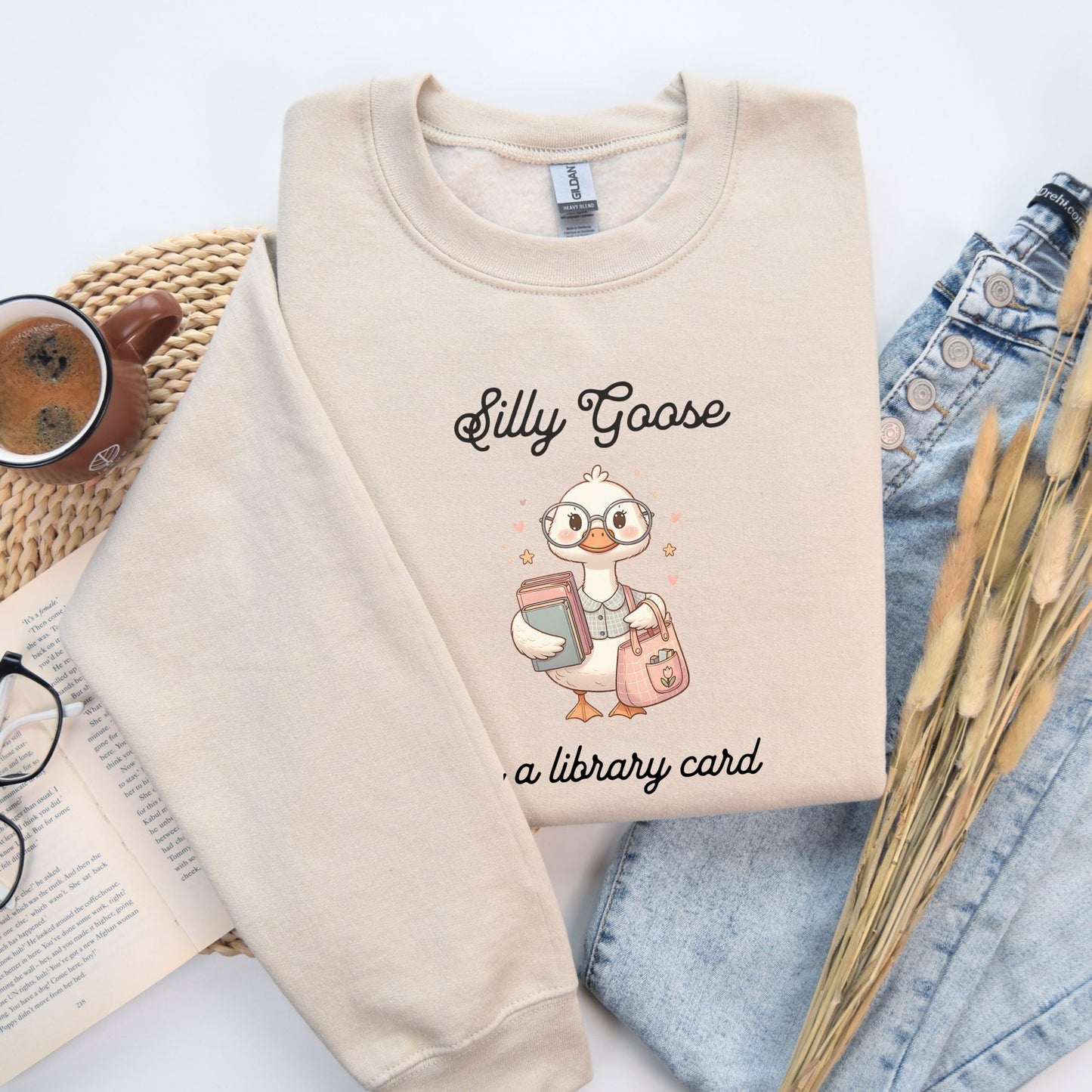 Silly Goose with a Library Card Sand Sweatshirt | Starlit Prose Bookish Merch
