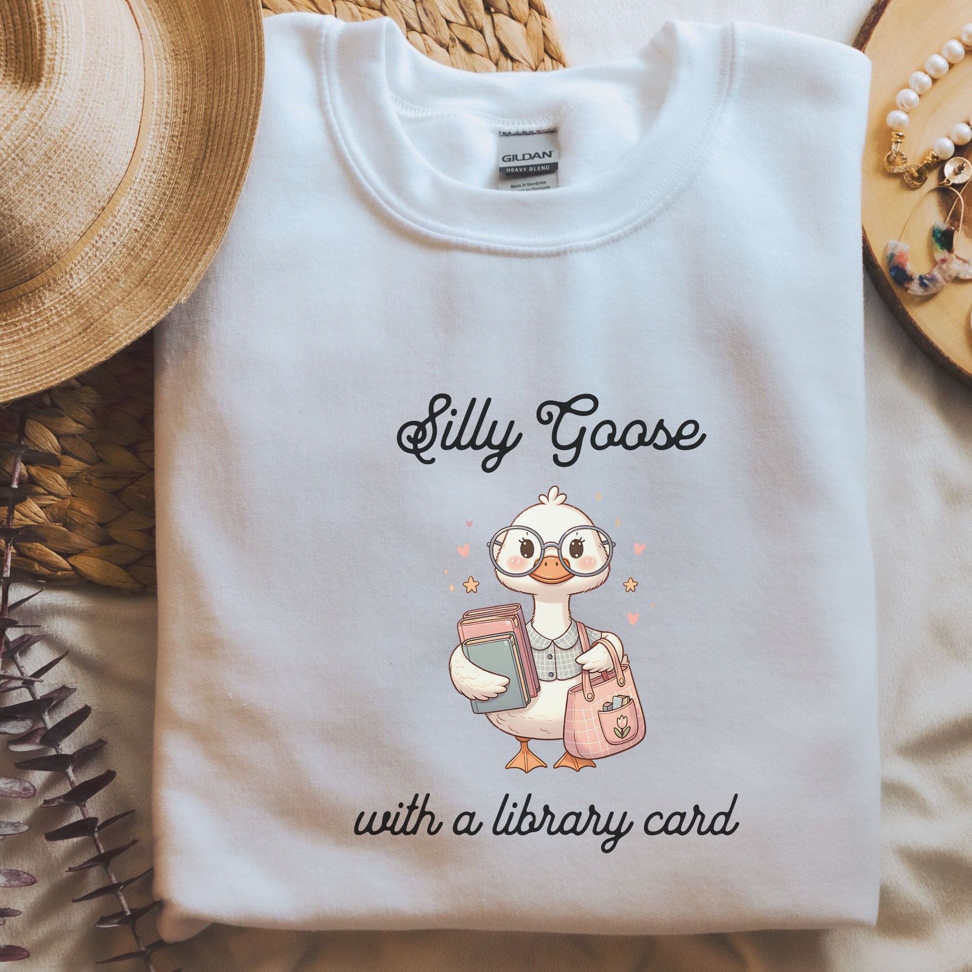 Silly Goose with a Library Card White Sweatshirt | Starlit Prose Bookish Merch