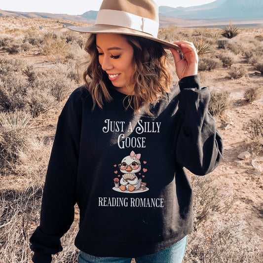 Silly Goose reading Romance Black  Sweatshirt | Starlit Prose Bookish Merch Australia