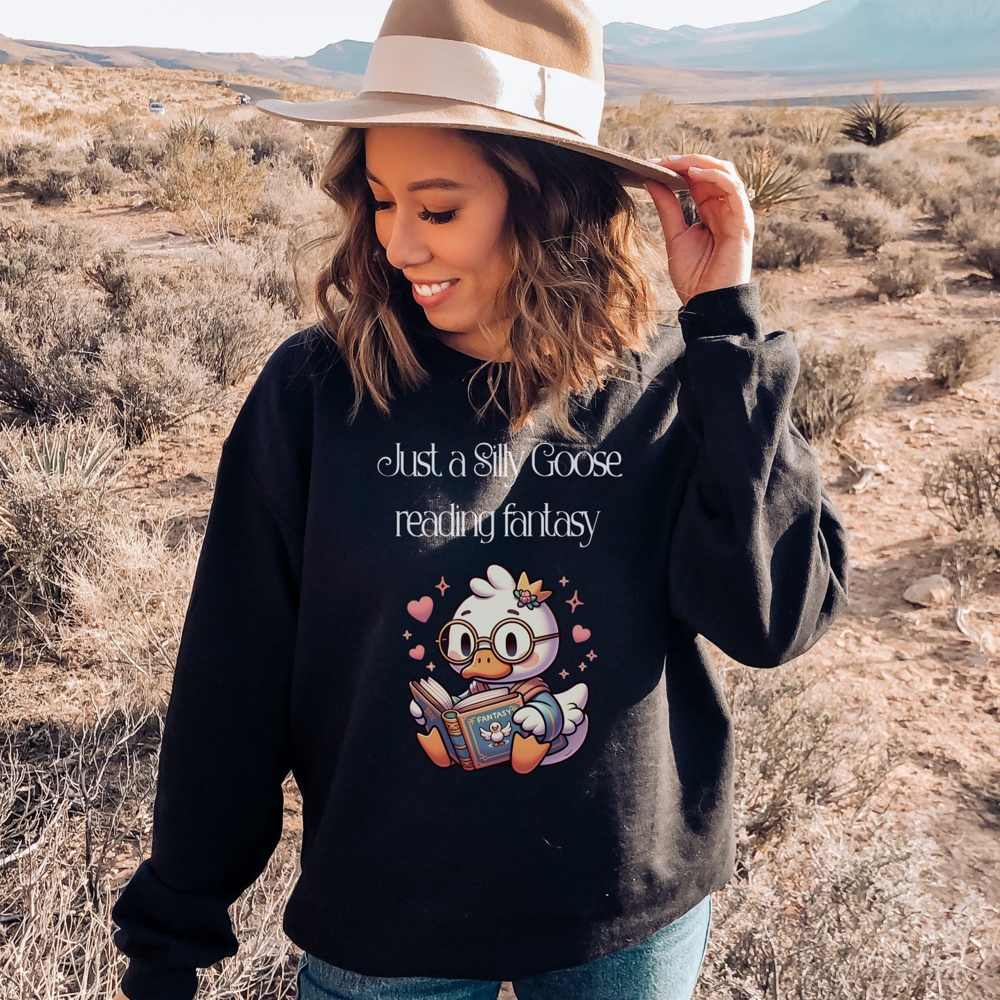 Silly Goose reading Fantasy Black Sweatshirt | Starlit Prose Bookish Merch Australia