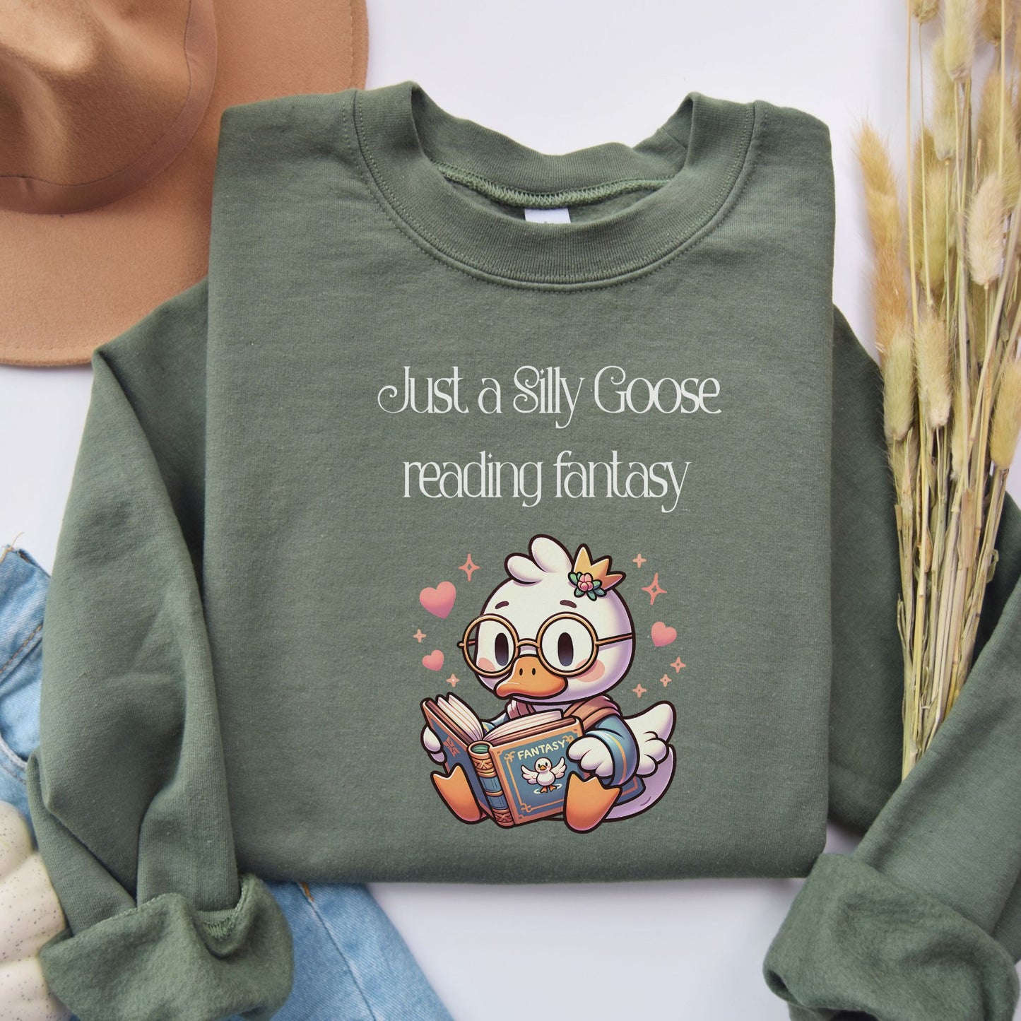 Silly Goose reading Fantasy Military Green Sweatshirt | Starlit Prose Bookish Merch Australia