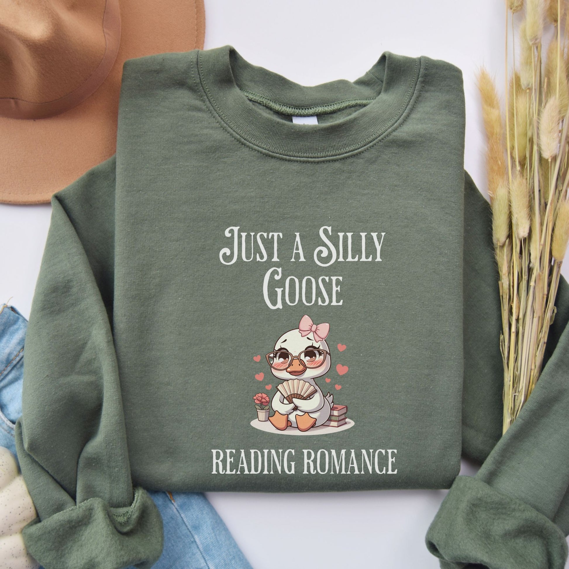 Silly Goose reading Romance Military Green  Sweatshirt | Starlit Prose Bookish Merch Australia