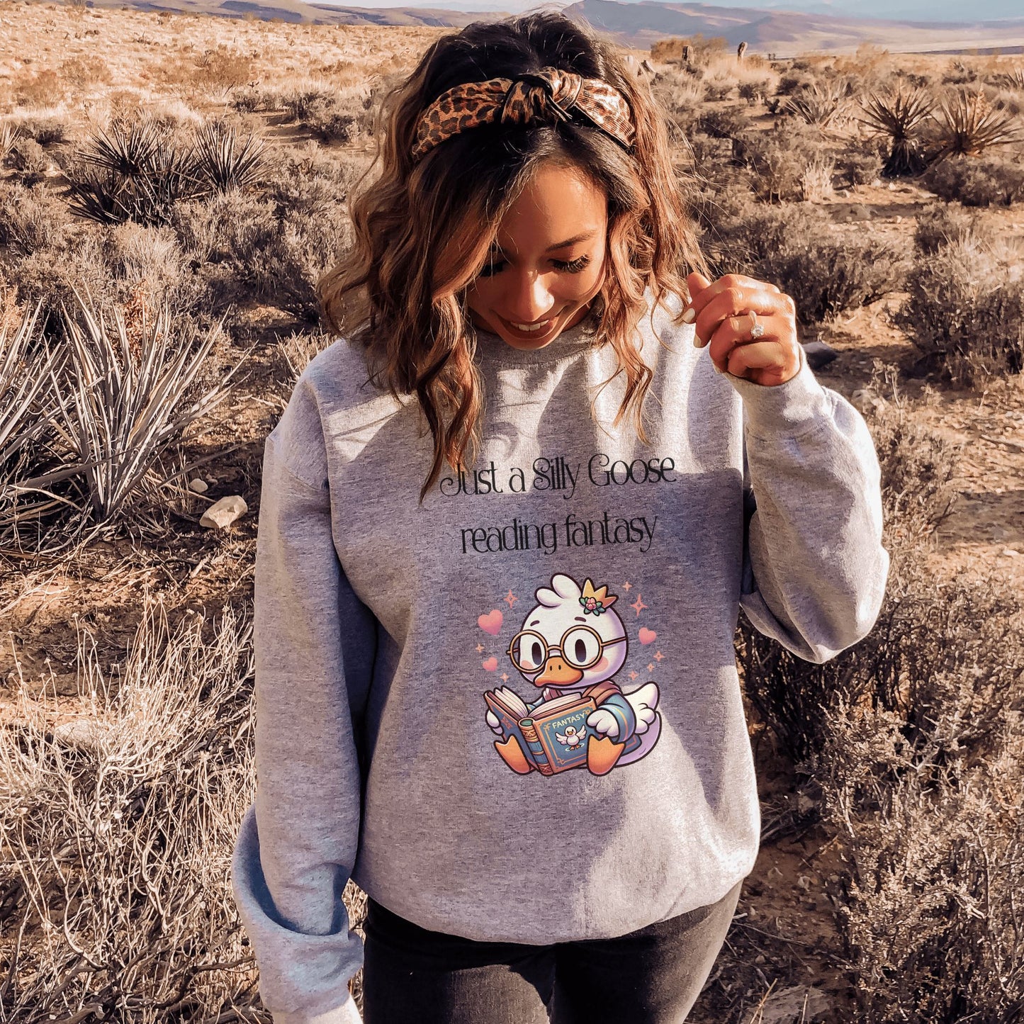 Silly Goose reading Fantasy Grey Sweatshirt | Starlit Prose Bookish Merch Australia