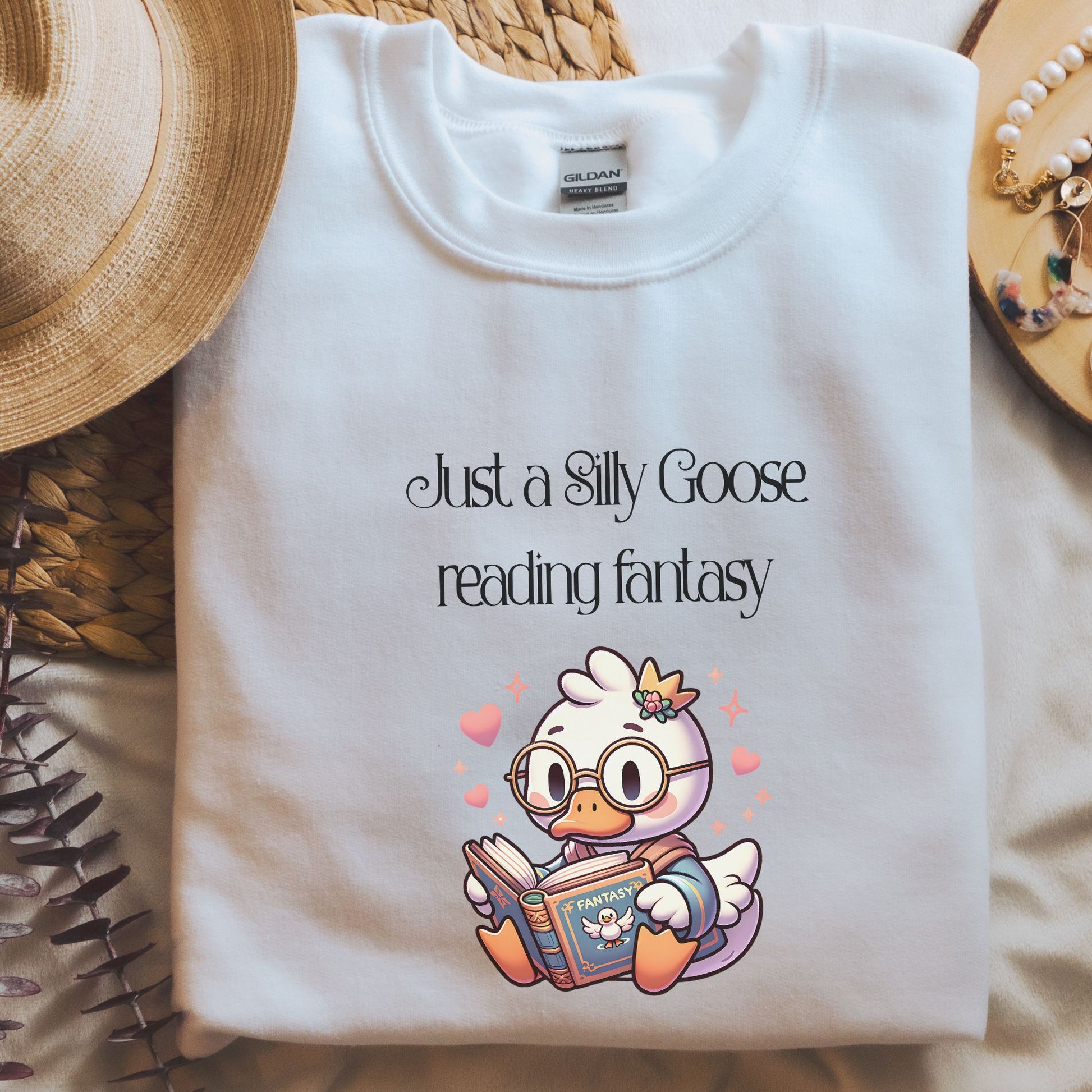 Silly Goose reading Fantasy white Sweatshirt | Starlit Prose Bookish Merch Australia