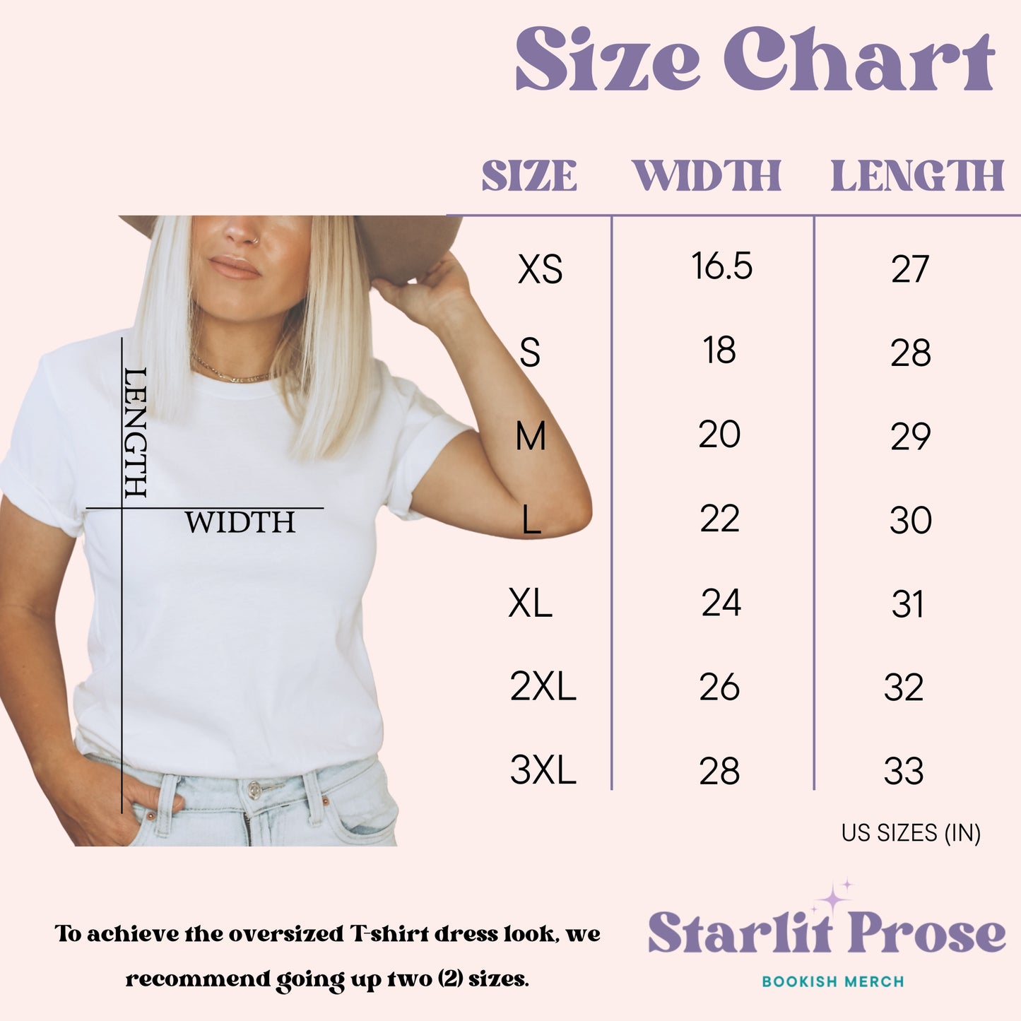 Starlit Prose Bella Canvas 3001 Tshirt Size Chart