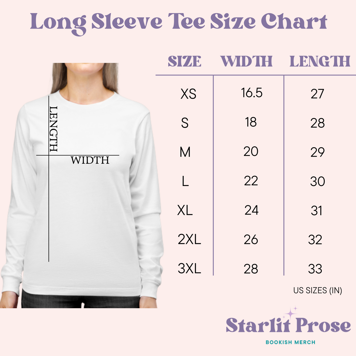 Long Sleeve Tee Size Chart with a person wearing a white long sleeve shirt and measurement details.